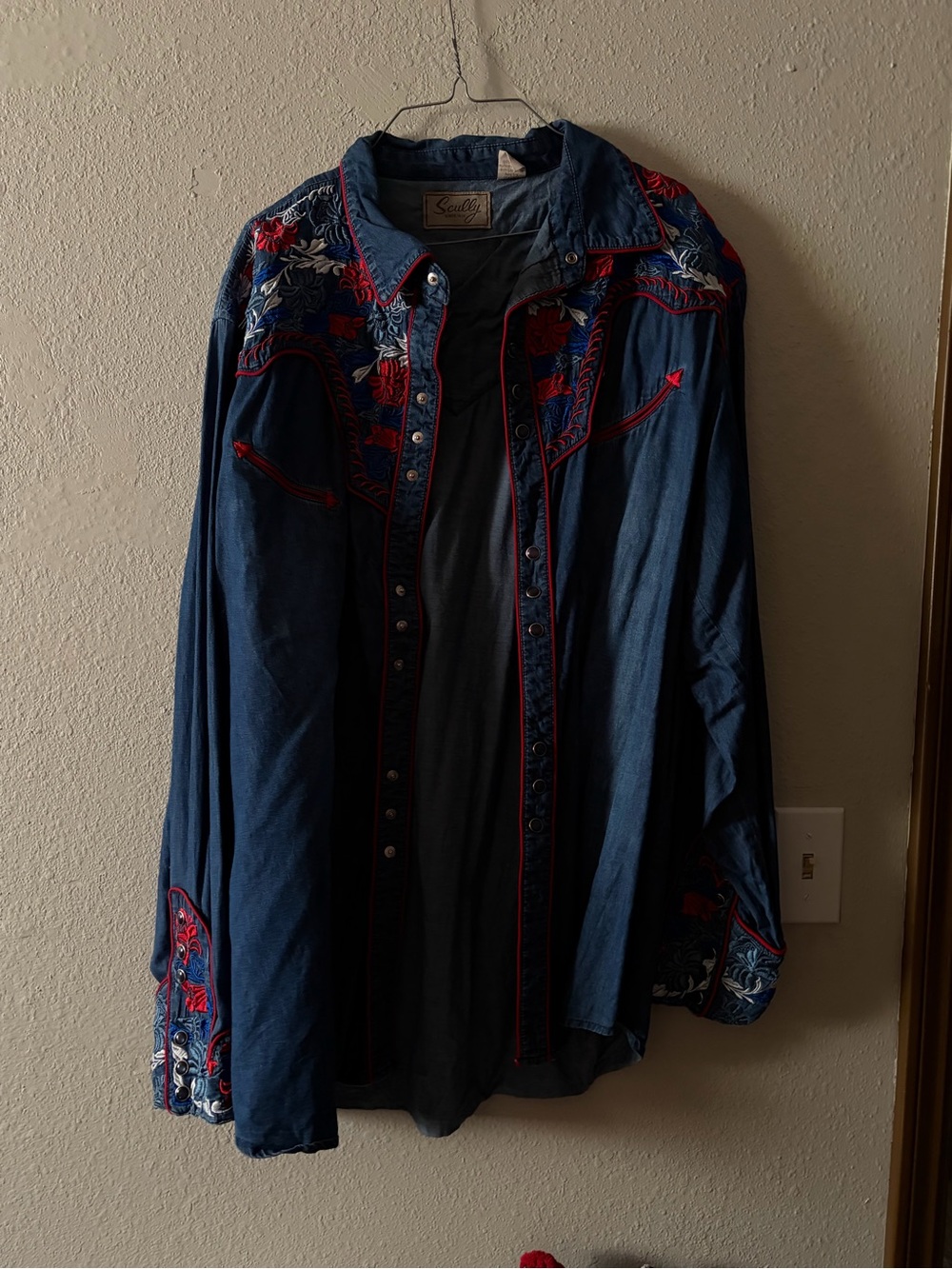 Scully Navy Western Button-Down Shirt with Red Embroidery